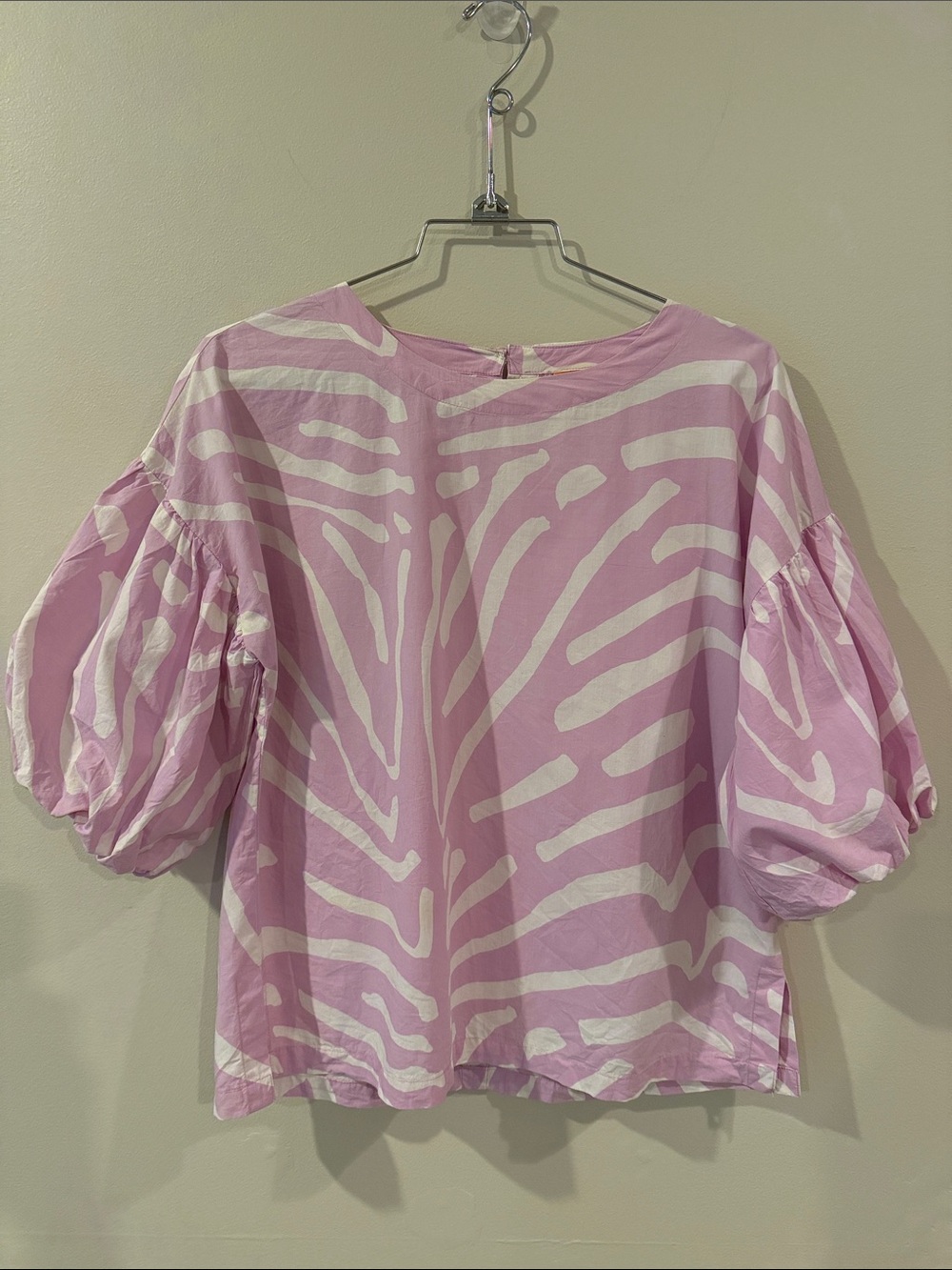 Oliphant Pink and White Zebra-Print Puff Sleeve Blouse